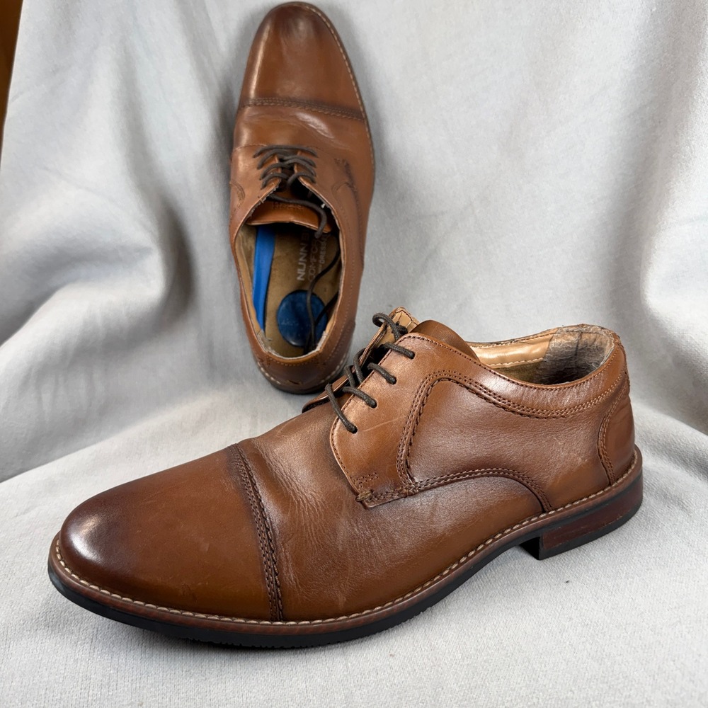 Nunn Bush Cap Toe Oxford Mens 10 Cognac Brown Leather Comfort Gel Dress Shoes
